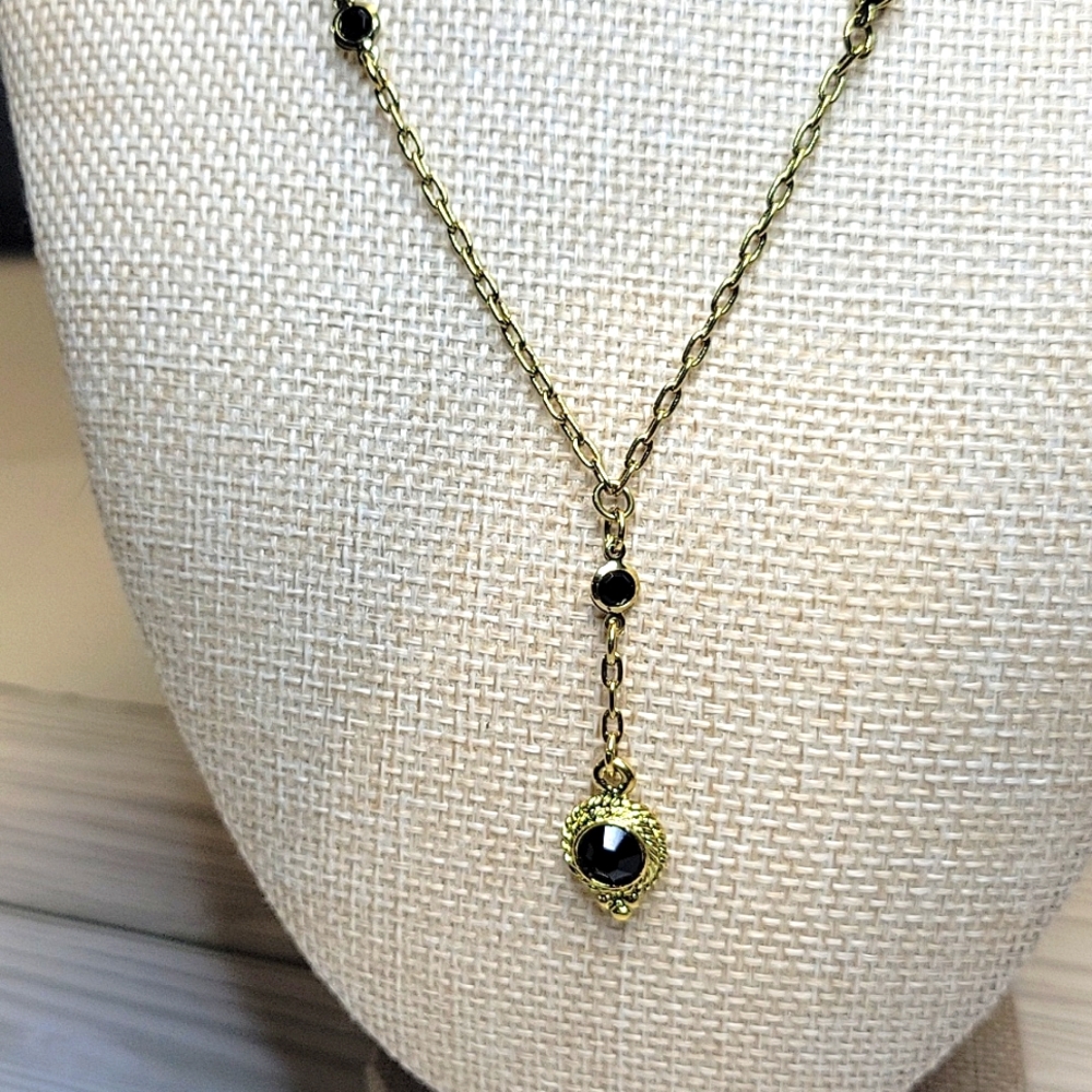 Vintage Black Glass "Y" Pendant Necklace, Korea, Bezel Set, 17" Long Chain C30
